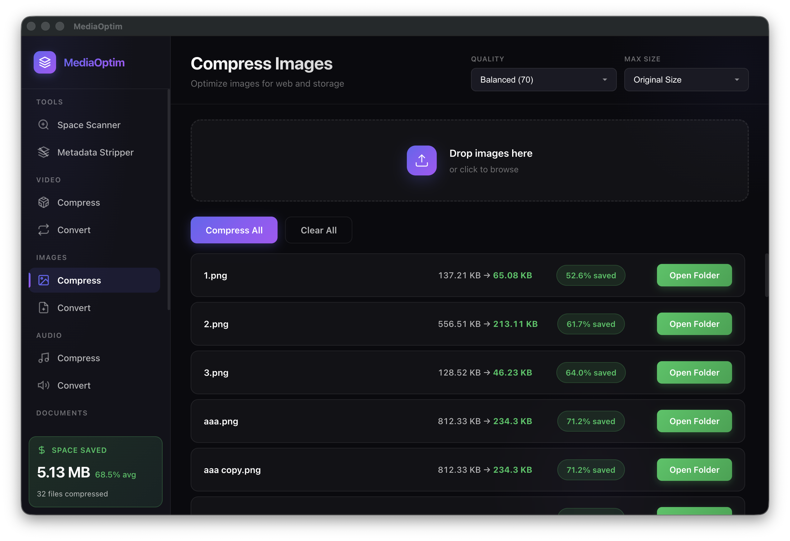 MediaOptim compressing multiple images - showing 52-71% space savings per file