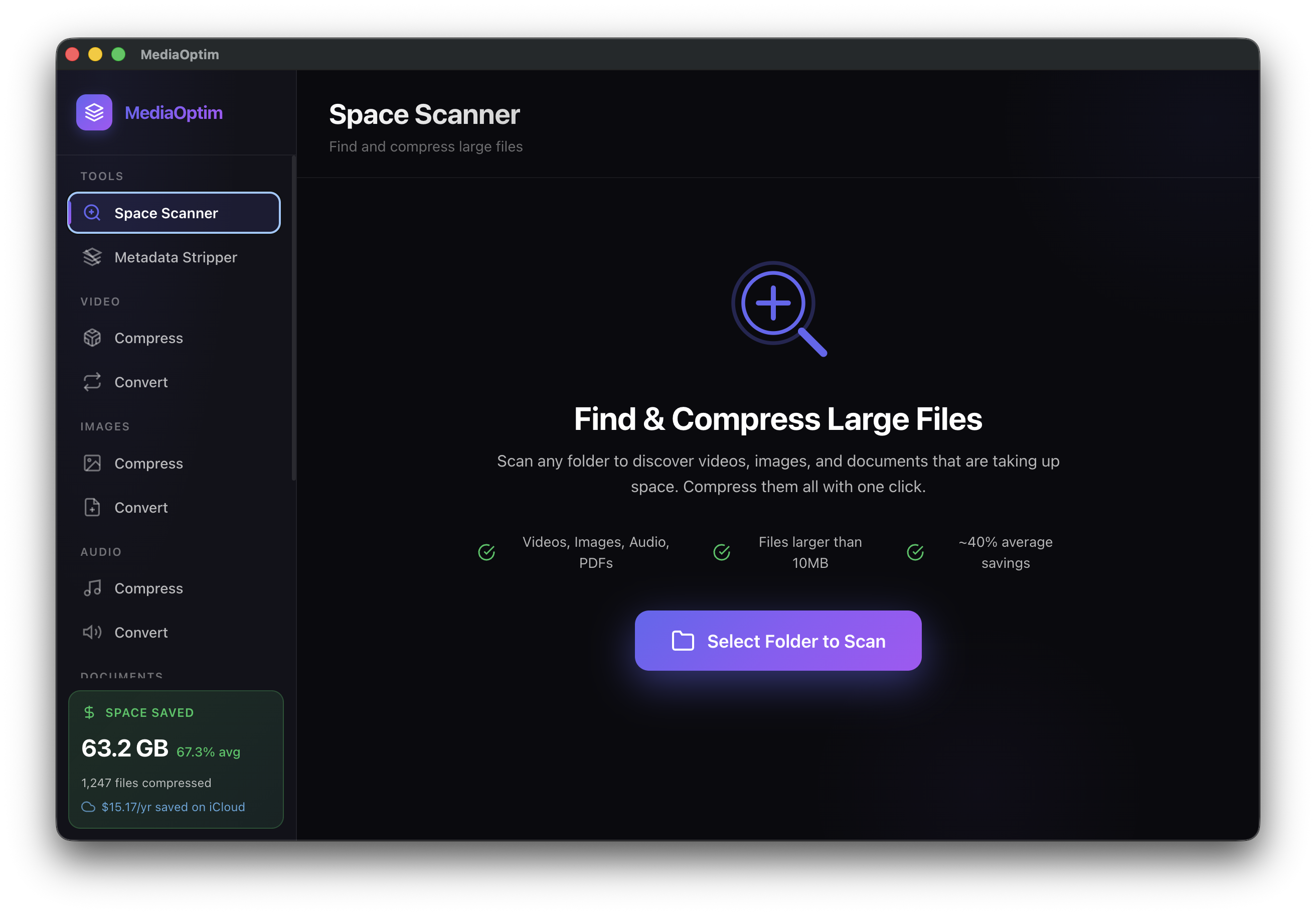 MediaOptim Space Scanner - Find and compress large files automatically