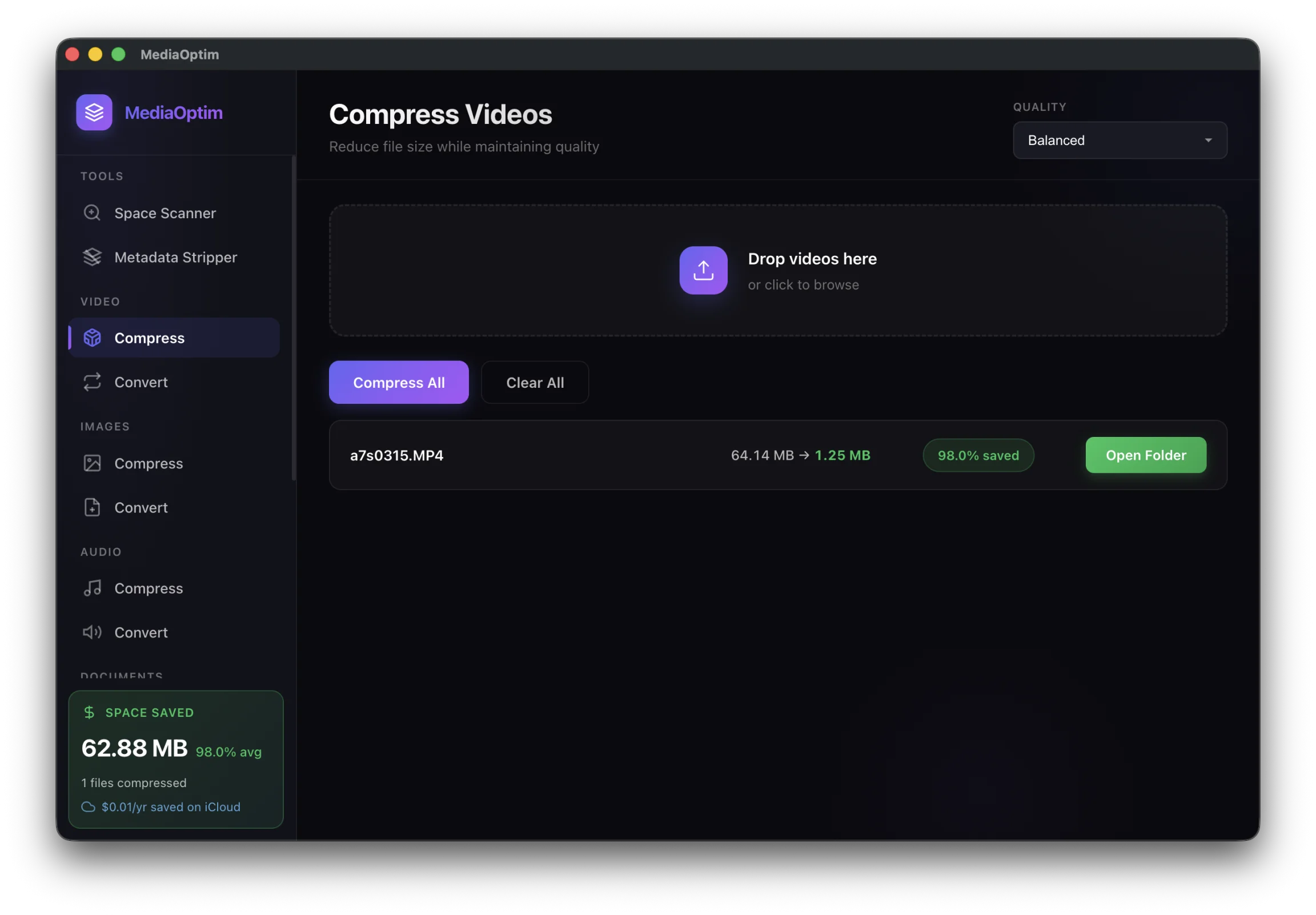 MediaOptim compressing a 64MB video to 1.25MB - 98% space saved